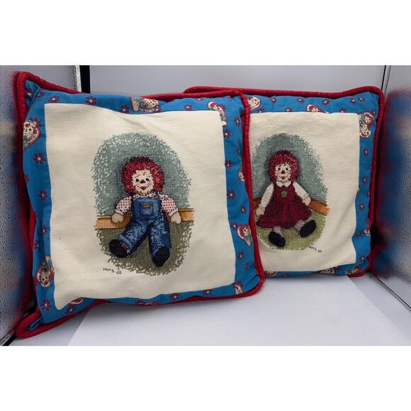 Handmade Raggedy Ann & Andy Tapestry & Quilted Pillow Set 16x16 - Picture 1 of 12